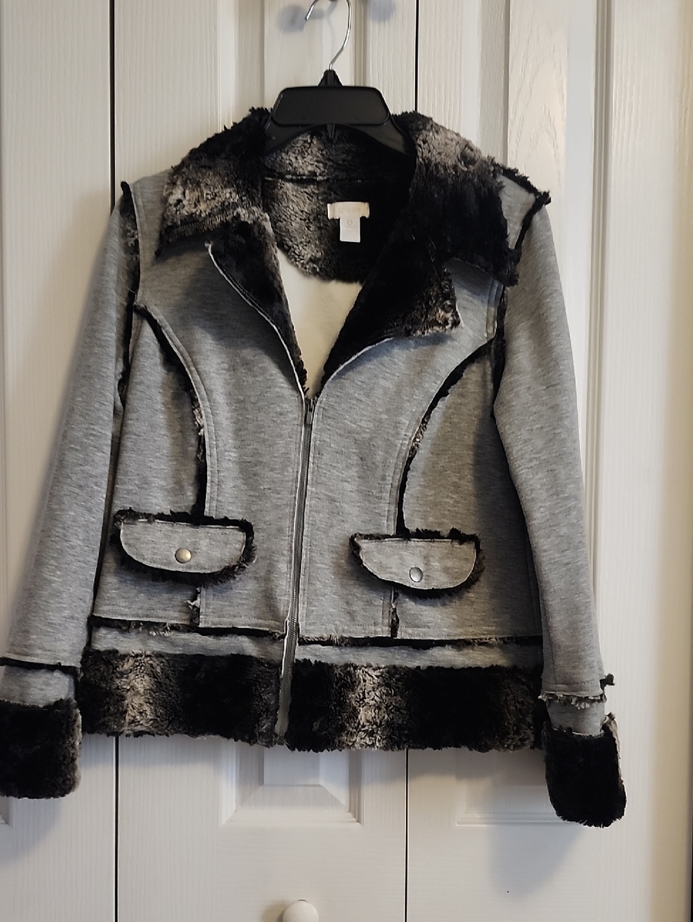 Gray Faux Shearling Trim Zip Jacket
